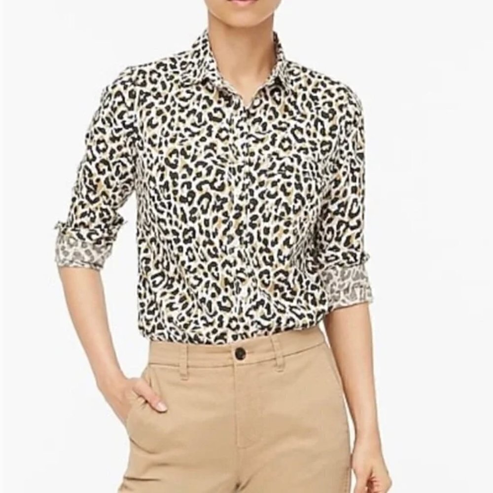 J. Crew Factory Women's Sz XS Button Down Shirt Beige Black Animal Print Leopard